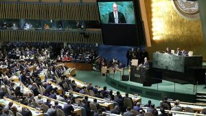 Foto toespraak van Mijnheer Poutine tijdens de Algemene vergadering van de Verenigde Naties